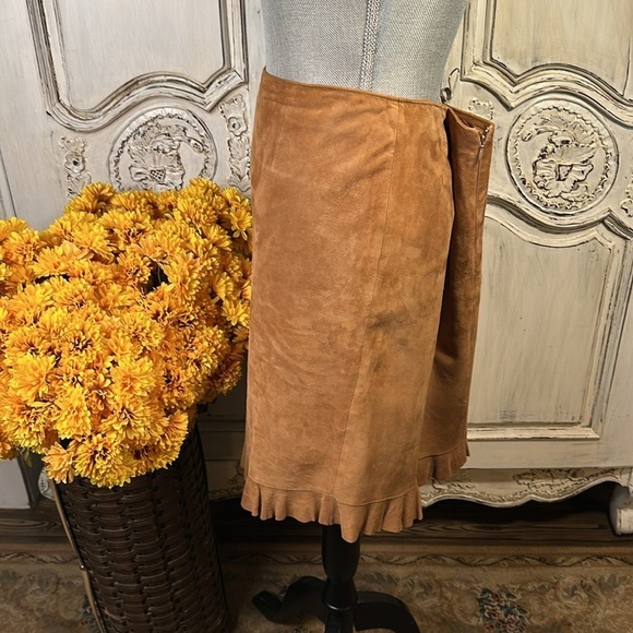 VS2 100% Camel GOAT Suede Ruffled Hem Cowgirl Boho Prairie Peasant Skirt S/12 - Picture 5 of 9